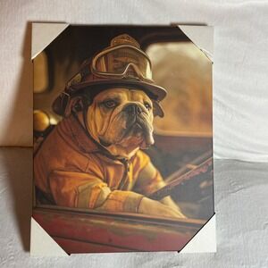 English Bulldog Fireman Canvas Print Photo Cute Dog Art - 14" x 18" New w/ Tags